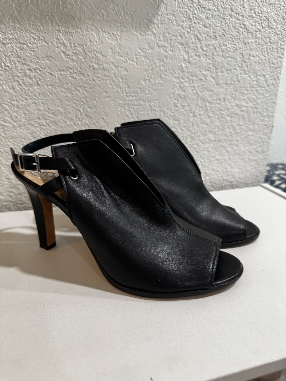 Vince Camuto Neveah Black Leather Upper Open-Toe Slingback Heels